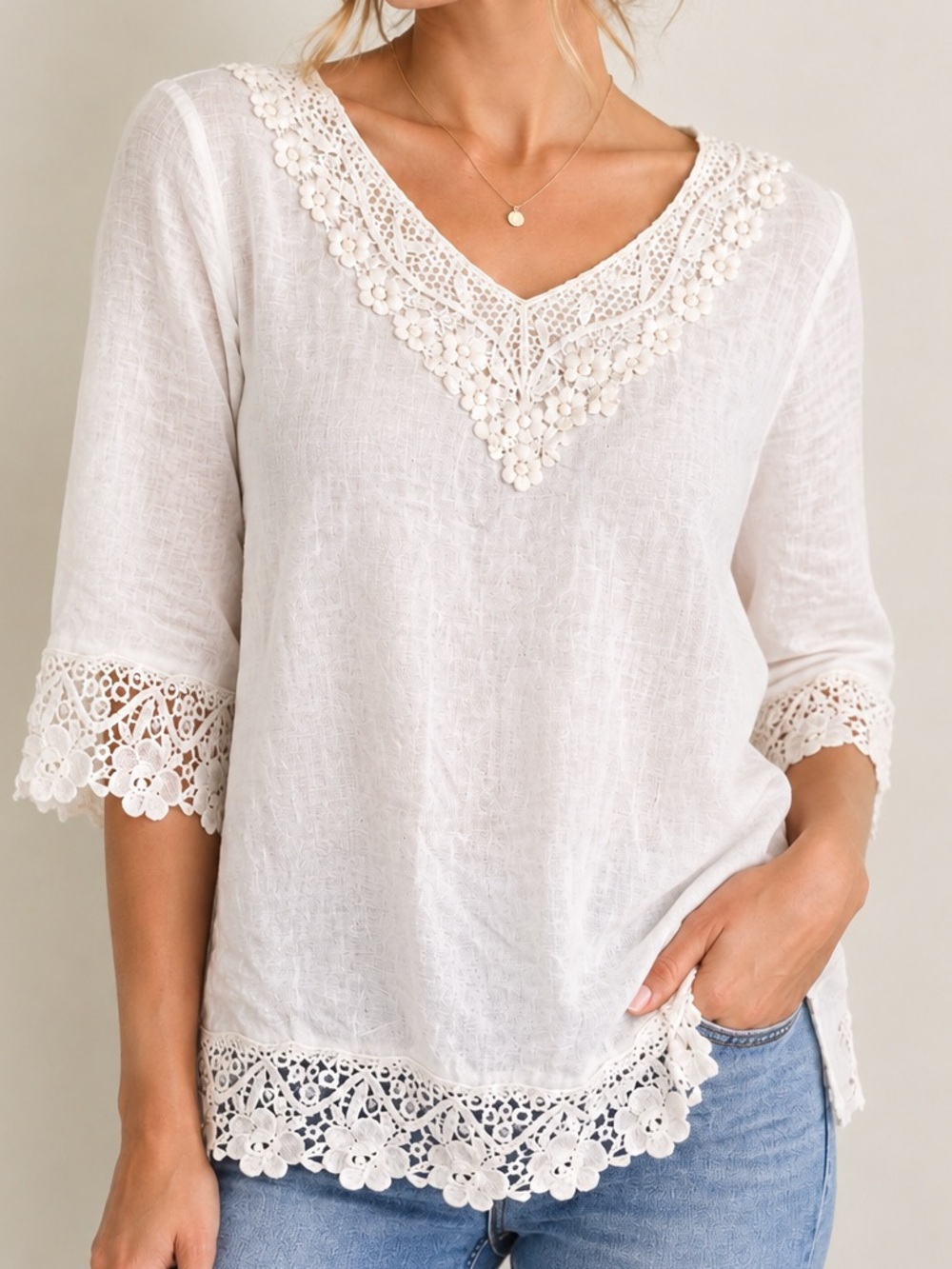 Made in Italy Linen Women's Cream Crochet Trim V-Neck Tunic